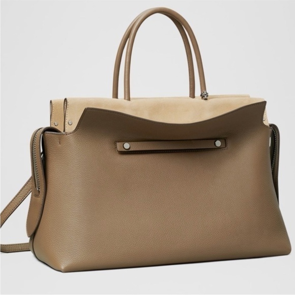 Tory Burch Mercer Large Pebbled Leather Satchel Bag Elegant Tan